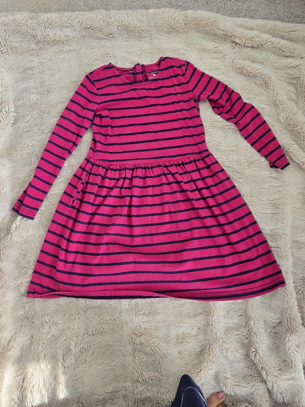 Girls' Primary Pink and Navy Striped Long Sleeve Dress. Size 6-7.
